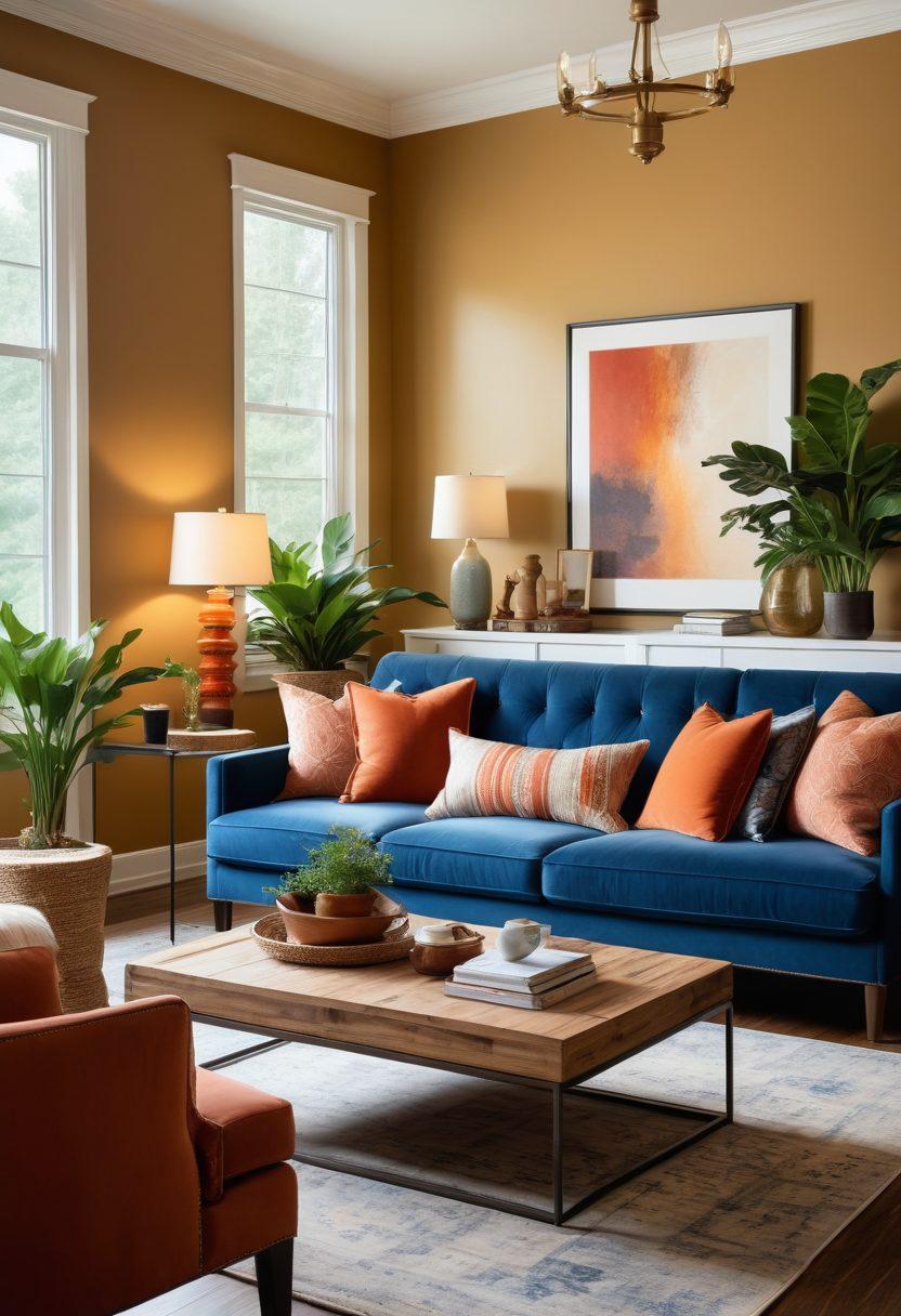 A beautifully designed living room showcasing an elegant blend of modern and rustic aesthetics, featuring cozy furniture, vibrant plants, and soft lighting. The room is adorned with stylish decor elements, such as artwork and chic accessories, reflecting a personal touch. A blueprint for home renovation is spread on a coffee table beside a steaming cup of coffee, hinting at the journey of designing a dream space. super-realistic. vibrant colors. warm lighting.