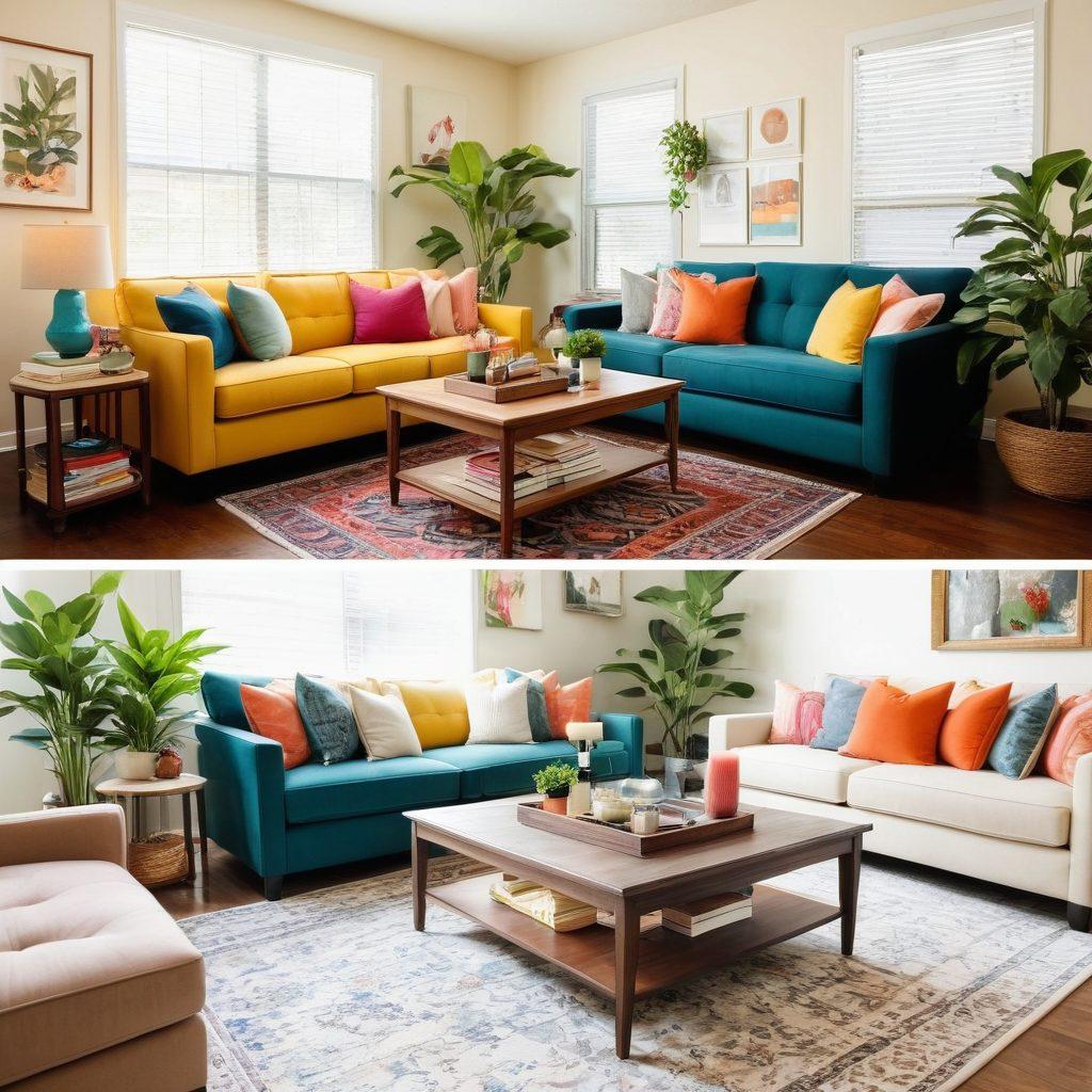 A bright, inviting living room transformation showcasing before-and-after visuals. On the left, dull, outdated furniture; on the right, stylish, modern furnishings with pops of color and unique decor items. Incorporate plants for a fresh touch and warm lighting to create a cozy atmosphere. Include a stylish coffee table adorned with books and candles. super-realistic. vibrant colors. cozy atmosphere.