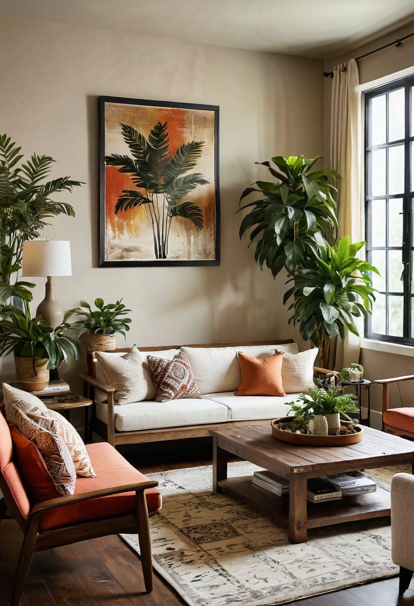 A beautifully styled living room showcasing a blend of modern and rustic decor, featuring elegant furniture, vibrant throw pillows, and lush indoor plants. Soft, ambient lighting creates a warm atmosphere, while decorative wall art and a cozy rug add character. Include a window with sunlight streaming in, giving a sense of openness. super-realistic. vibrant colors. cozy atmosphere.